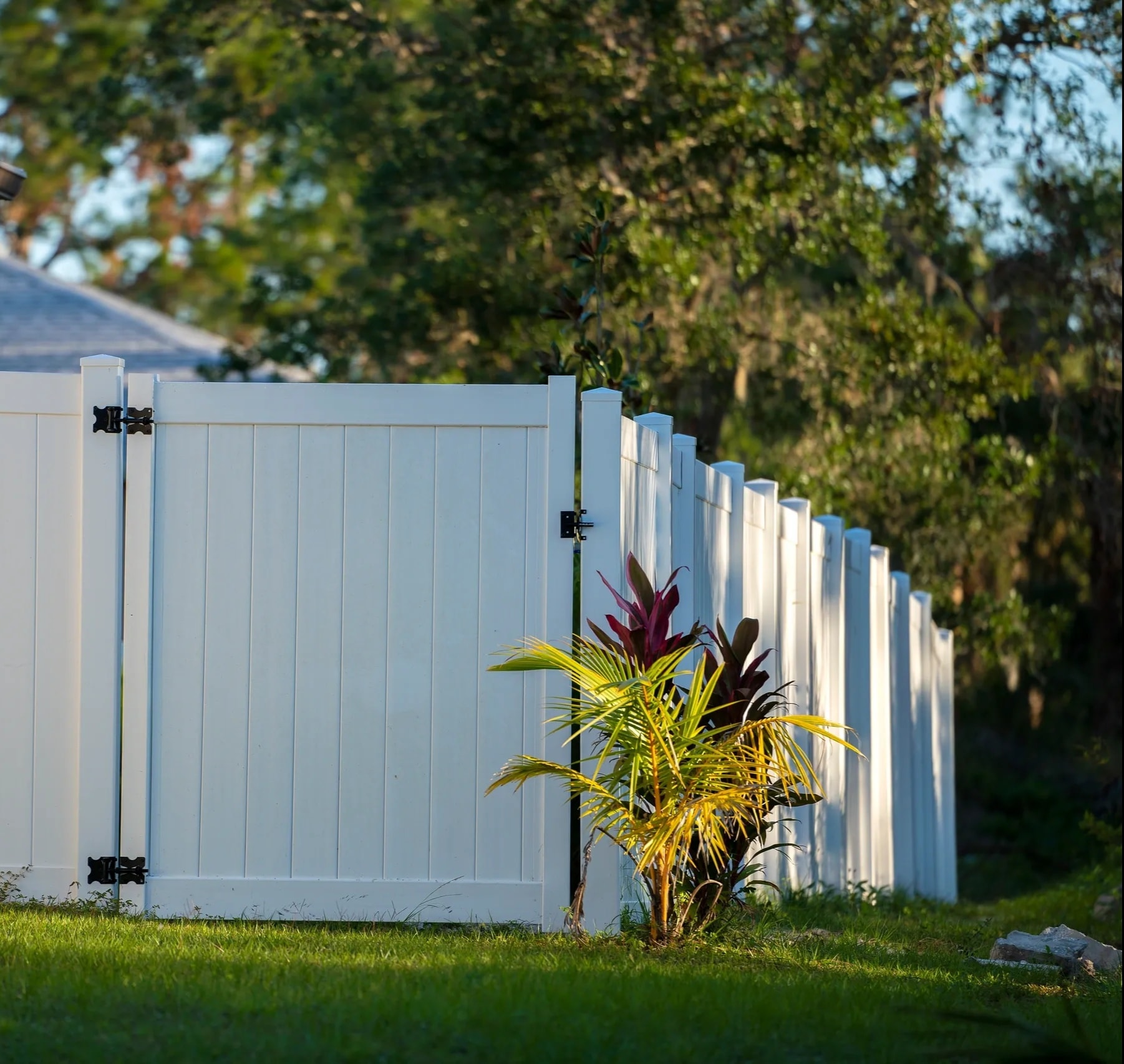 White vinyl fence panel with tropical landscaping — low-maintenance fencing in Northern Colorado